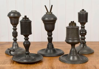 Five Early American Pewter Whale Oil Lamps (CTF10)