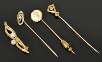 Three 14k Gold Hat Pins And Pearl Pin (CTF10)