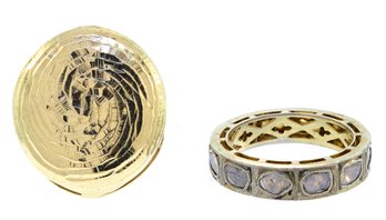 Gold Polki Diamond Band And Engraved Spiral Ring (CTF10)