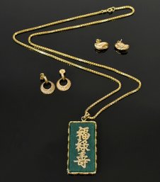 Jade And Gold Filled Necklace And Earrings (CTF10)
