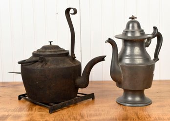 Antique Iron Kettle, Pewter Teapot, And Iron Toaster (CTF10)