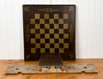 Antique Painted Hetchel And Chess Board (CTF10)