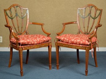 Pair Of Edwardian Paint Decorated Satinwood Chairs (CTF30)