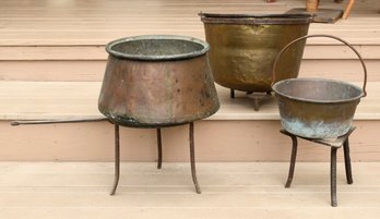 Three Early Iron Trivets And Brass/copper Buckets (CTF20)