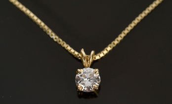 14k Gold Diamond Solitaire Pendant W/ Box Chain (CTF10)