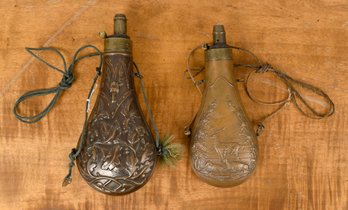 Two Antique Embossed Brass Powder Flasks (CTF10)