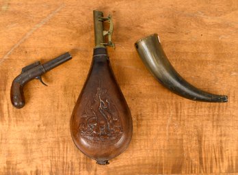 Antique Powder Flask, Powder Horn, And Small Cap Gun (CTF10)