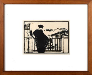 Signed Vintage Print, Woman Standing On Balcony (CTF10)
