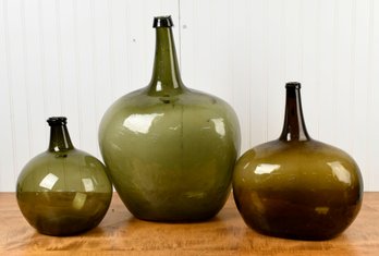 Three Antique Olive Glass Bottles (CTF20)