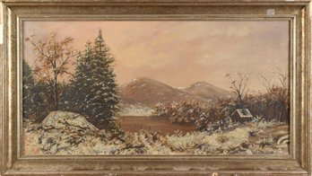 Antique Primitive Oil On Canvas, Winter Landscape (CTF10)