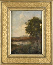 19th C. Oil On Board, Landscape With Figures ( TF10)