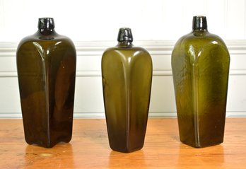 Antique Olive Glass Bottles, 3pcs.  (CTF10)