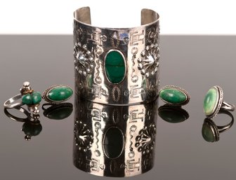 Mexican Sterling Silver Cuff, Earrings & Two Rings (CTF10)