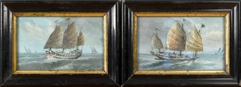 Two Antique Miniature Gouache Painting, Chinese Junk Ships (CTF10)