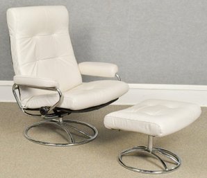 Vintage Ekornes White Leather Stressless Chair And Ottoman, 2 Of 2 (CTF20)