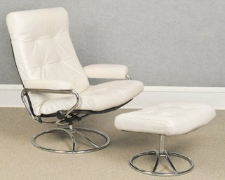 Vintage Ekornes White Leather Stressless Chair And Ottoman, 1 Of 2 (CTF20)