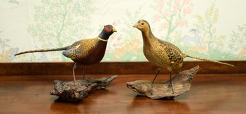 Two R. Stewart NY Carved Wooden Pheasants (CTF10)