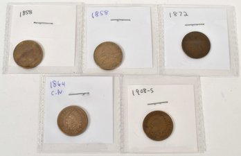 5 Assorted F.e. And Indian Cents (CTF10)