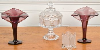 Pr. Amethyst Glass Vases And Clear Glass Box (CTF10)
