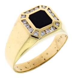 Mens 14k Gold Onyx And Diamond Ring (CTF10)
