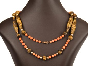 Italian 14k Gold Coral And Carved Catseye Necklace (CTF10)