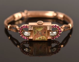 14k Gold Retro Ruby And Diamond Watch (CTF10)