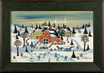 Virginia Young Oil On Wood Panel, Winter Village (CTF10)