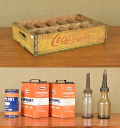 Gulf Motor Oil Cans, Glass Jars, Coca Cola Advertising Box (CTF20)