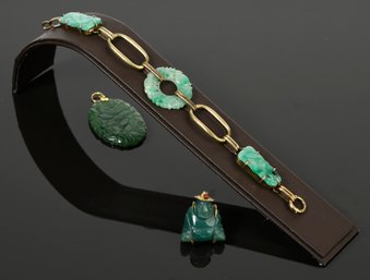 Antique 14k Gold Jade Bracelet And Two Pendants (CTF10)
