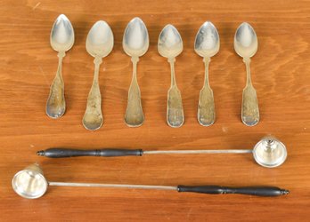 Two Gorham Sterling Candle Snuffers And 6 Coin Silver Spoons (CTF10)