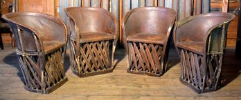 Vintage Set Of Four Mexican Equipale Leather And Wood Chairs (CTF30)