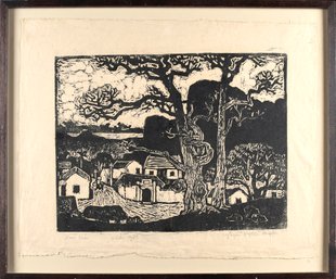 Nguyen Nghia Duyen Black Ink Woodblock Print, Village Scene (CTF10)