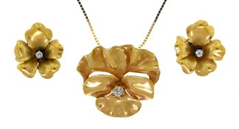 14k Pansy Diamond Earrings And Necklace  (CTF10)