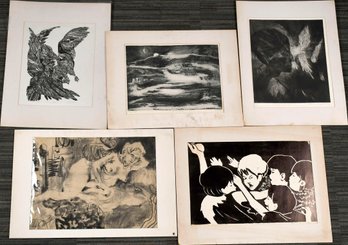 Five Large Vintage Prints And Drawings (CTF10)