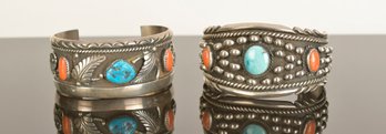 Two Navajo Silver, Coral And Turquoise Cuff Bracelets (CTF10)