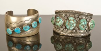 Two Navajo Silver And Turquoise Cuff Bracelets (CTF10)