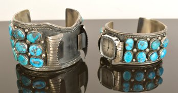 Two Navajo Silver And Turquoise Cuff Bracelets/watches (CTF10)