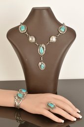 Navajo Silver And Turquoise Necklace, Bracelet, And Ring (CTF10)