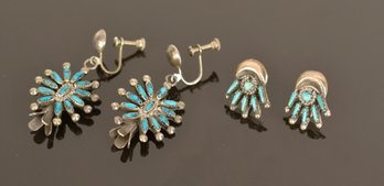 Two Pairs Navajo Silver And Turquoise Earrings (CTF10)