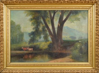 Antique Signed Oil On Canvas, Cows In Landscape (CTF20)