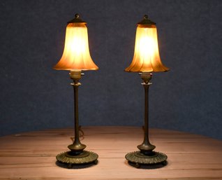 Pr. Vintage Bronze Lamps W/ Art Glass Shades (CTF20)