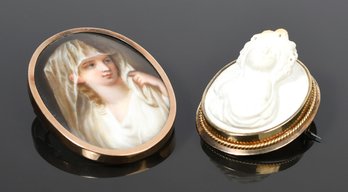 Antique 14k Gold Painted Portrait & High Relief Marble Pins (CTF10)