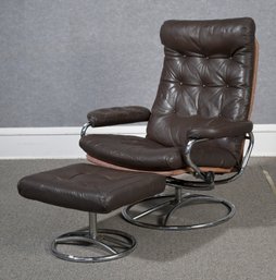 Vintage Brown Leather And Chrome Lounge Chair With Ottoman (CTF20)