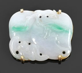 14k Gold Frame White & Green Jade Bat & Peaches Pin (CTF10)