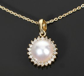 14k Gold Pearl & Diamond Pendant & Chain (CTF10)