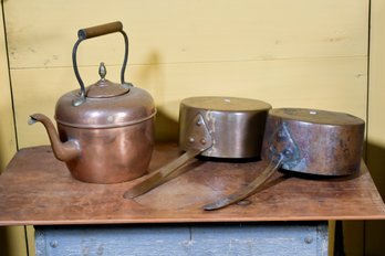 Antique Copper Kettle And Two Pots (CTF10)