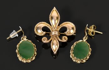 Vintage 10k Gold Fleur De Lis Pin/pendant & 14k Gold Jade Dangle Post Earrings (CTF10)