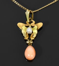 Antique Art Nouveau Coral Gold Pendant On Chain (CTF10)