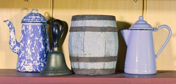 Two Antique Enameled Coffee Pots, Blue Barrel And Bell (CTF10)