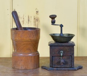 Antique Coffee Mill And Mortar And Pestle (CTF10)